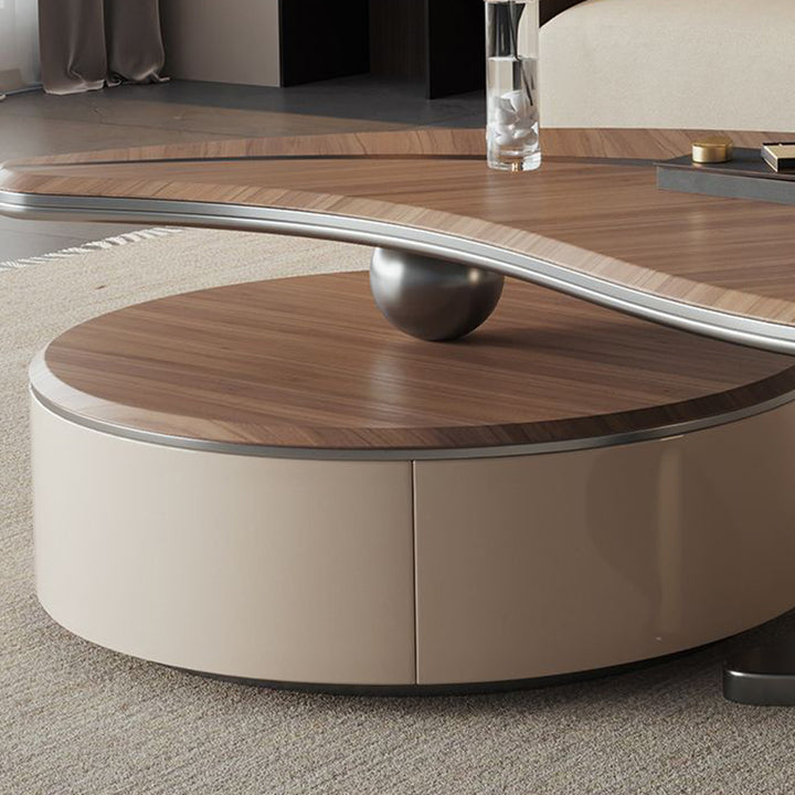 Traditioneller chinesischer Couchtisch aus Edelstahl und Massivholz mit mehrschichtigem, blattförmigem, rundem Design, 2-stufig für das Wohnzimmer 