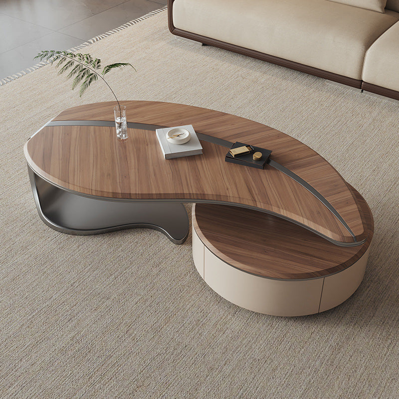 Traditioneller chinesischer Couchtisch aus Edelstahl und Massivholz mit mehrschichtigem, blattförmigem, rundem Design, 2-stufig für das Wohnzimmer 