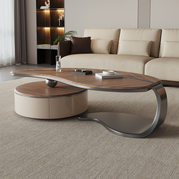 Traditioneller chinesischer Couchtisch aus Edelstahl und Massivholz mit mehrschichtigem, blattförmigem, rundem Design, 2-stufig für das Wohnzimmer 