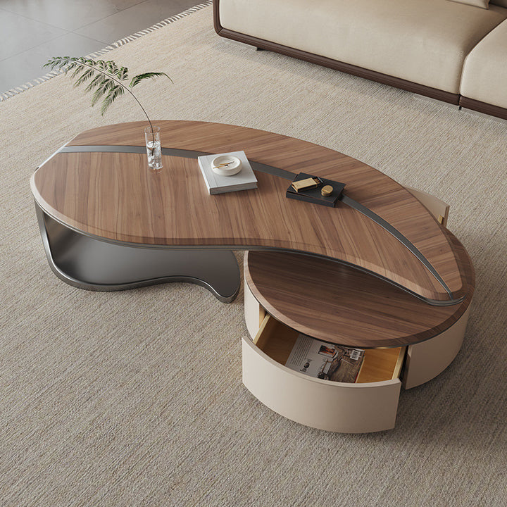 Table basse ronde à deux niveaux en acier inoxydable traditionnel chinois et bois massif avec plateau en panneaux multicouches en forme de feuille, pour salon 