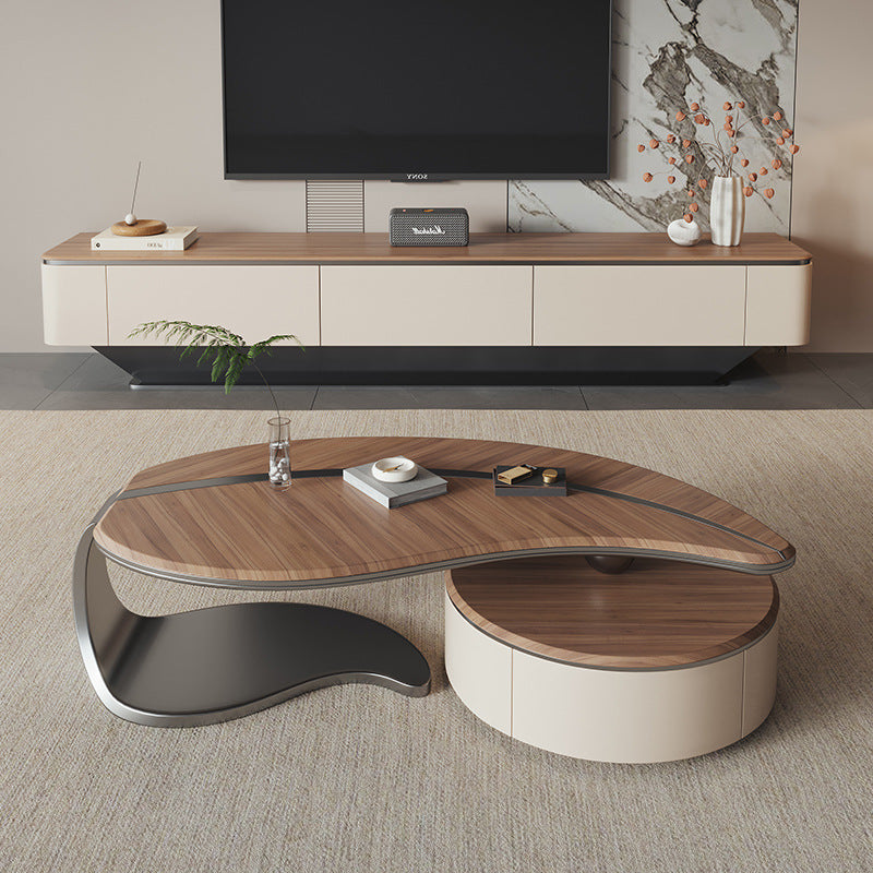 Traditioneller chinesischer Couchtisch aus Edelstahl und Massivholz mit mehrschichtigem, blattförmigem, rundem Design, 2-stufig für das Wohnzimmer 