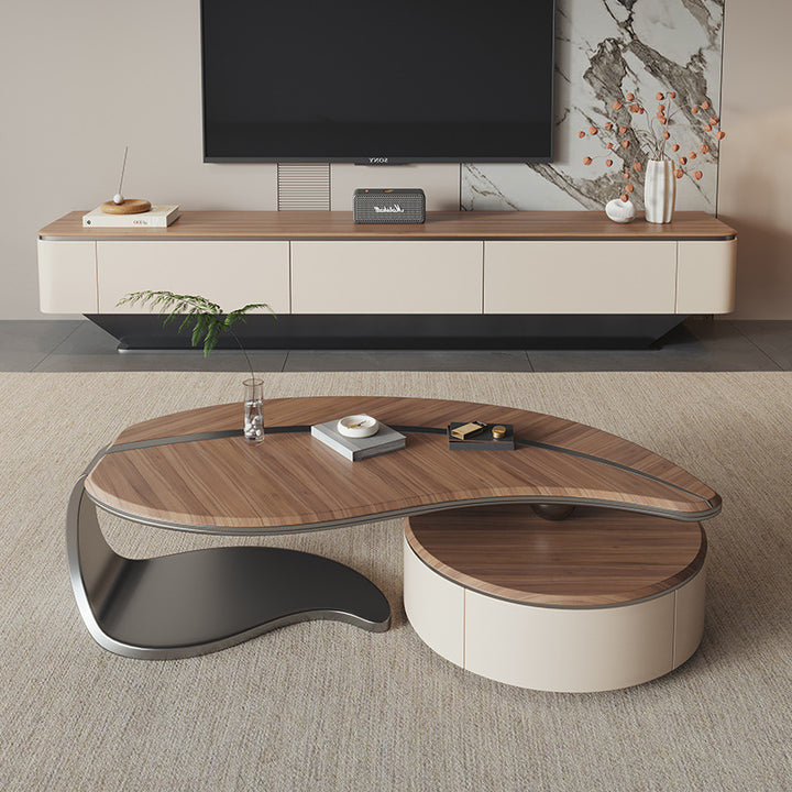 Table basse ronde à deux niveaux en acier inoxydable traditionnel chinois et bois massif avec plateau en panneaux multicouches en forme de feuille, pour salon 
