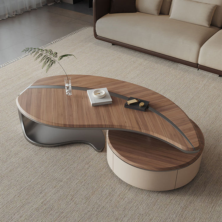 Traditioneller chinesischer Couchtisch aus Edelstahl und Massivholz mit mehrschichtigem, blattförmigem, rundem Design, 2-stufig für das Wohnzimmer 