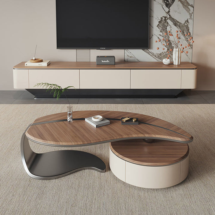 Traditioneller chinesischer Couchtisch aus Edelstahl und Massivholz mit mehrschichtigem, blattförmigem, rundem Design, 2-stufig für das Wohnzimmer 