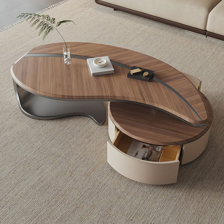 Traditioneller chinesischer Couchtisch aus Edelstahl und Massivholz mit mehrschichtigem, blattförmigem, rundem Design, 2-stufig für das Wohnzimmer 