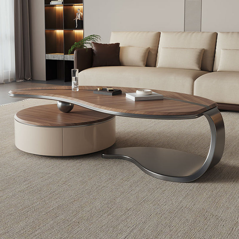 Traditioneller chinesischer Couchtisch aus Edelstahl und Massivholz mit mehrschichtigem, blattförmigem, rundem Design, 2-stufig für das Wohnzimmer 
