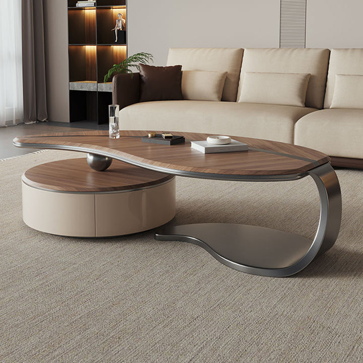 Table basse ronde à deux niveaux en acier inoxydable traditionnel chinois et bois massif avec plateau en panneaux multicouches en forme de feuille, pour salon 