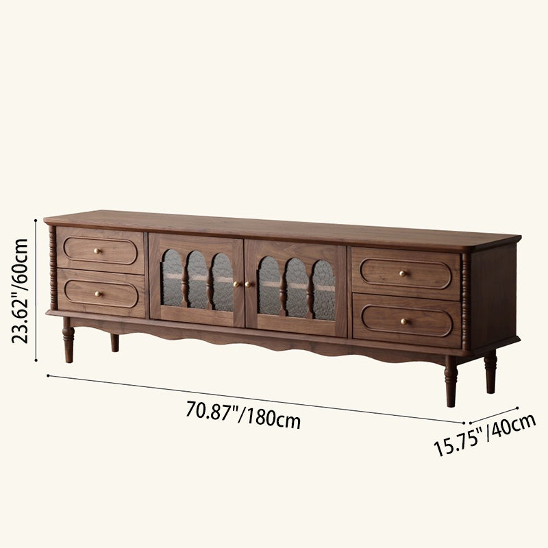 Traditional French Black Walnut Wood Curved Rectangular TV Stand With 4 Drawers For Living Room