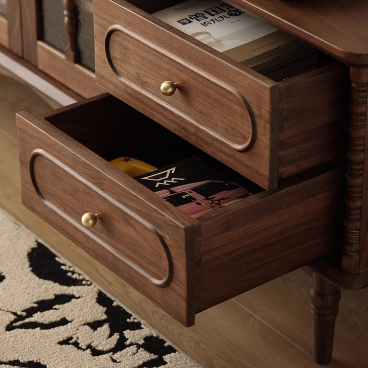 Traditional French Black Walnut Wood Curved Rectangular TV Stand With 4 Drawers For Living Room