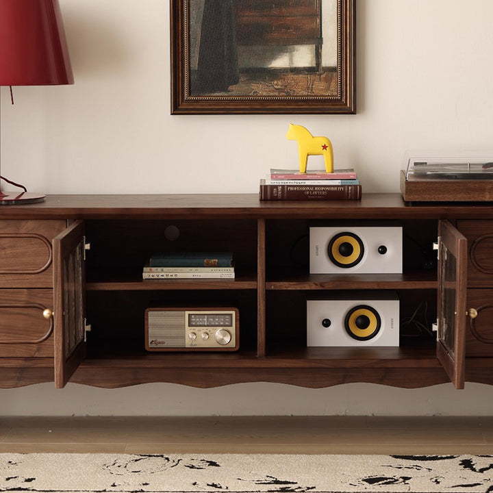 Traditional French Black Walnut Wood Curved Rectangular TV Stand With 4 Drawers For Living Room