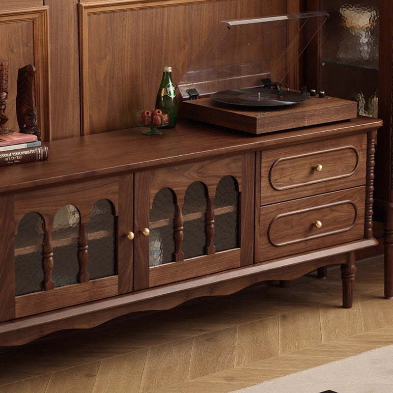 Traditional French Black Walnut Wood Curved Rectangular TV Stand With 4 Drawers For Living Room