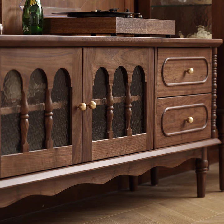 Traditional French Black Walnut Wood Curved Rectangular TV Stand With 4 Drawers For Living Room