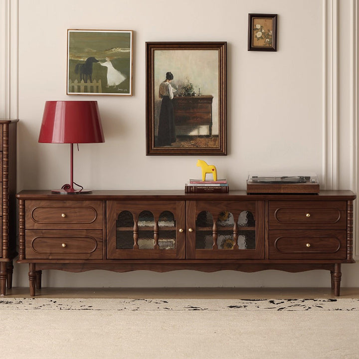 Traditional French Black Walnut Wood Curved Rectangular TV Stand With 4 Drawers For Living Room