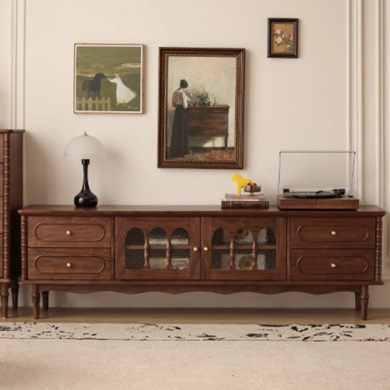 Traditional French Black Walnut Wood Curved Rectangular TV Stand With 4 Drawers For Living Room
