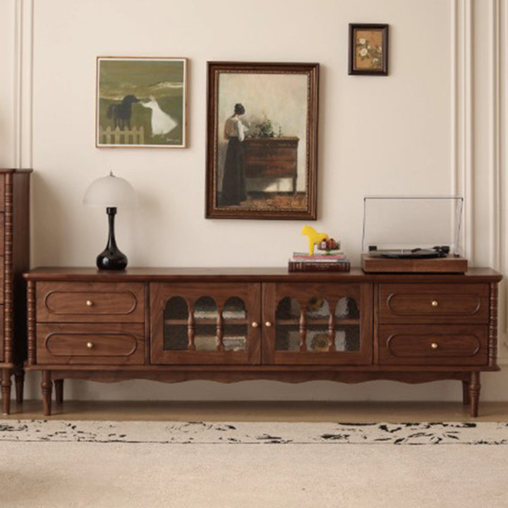 Traditional French Black Walnut Wood Curved Rectangular TV Stand With 4 Drawers For Living Room