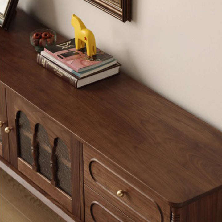 Traditional French Black Walnut Wood Curved Rectangular TV Stand With 4 Drawers For Living Room