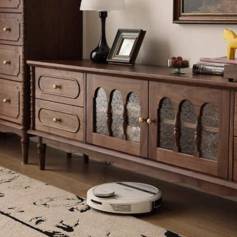 Traditional French Black Walnut Wood Curved Rectangular TV Stand With 4 Drawers For Living Room