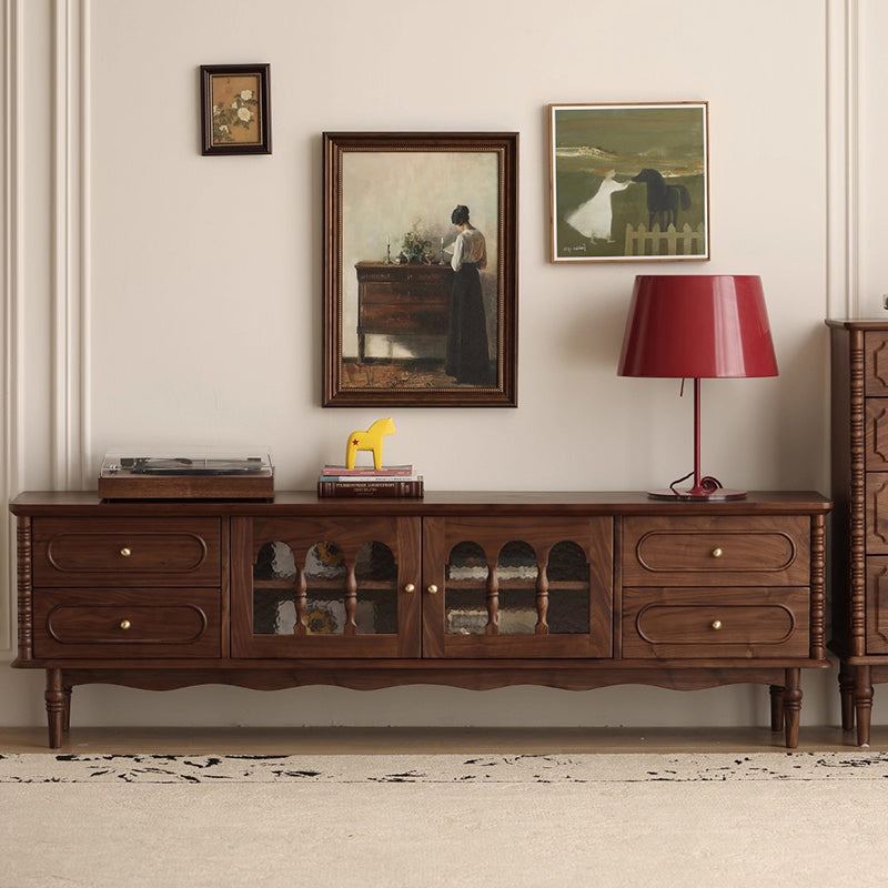 Traditional French Black Walnut Wood Curved Rectangular TV Stand With 4 Drawers For Living Room