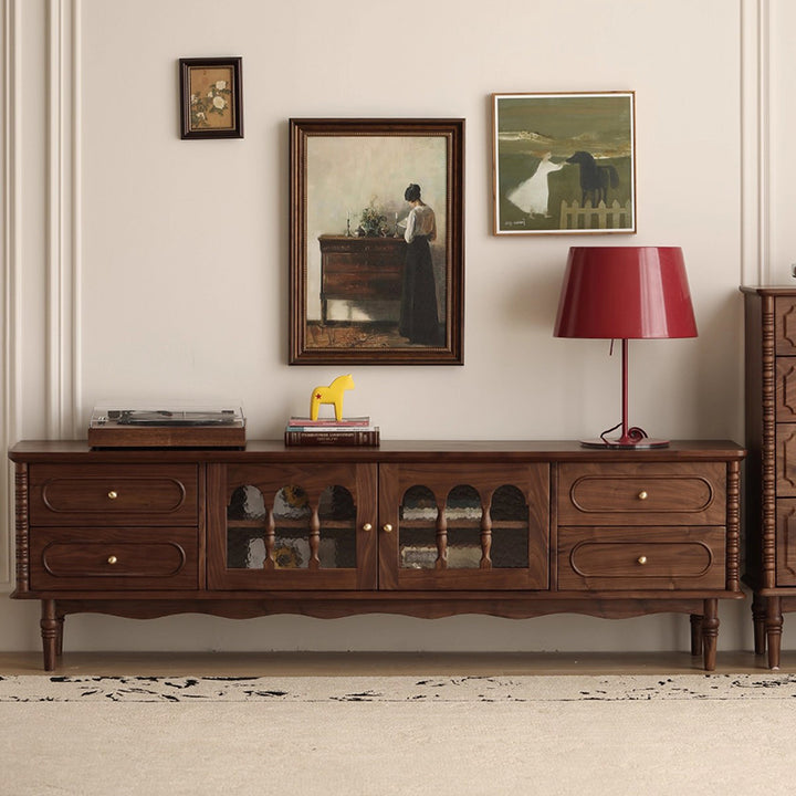 Traditional French Black Walnut Wood Curved Rectangular TV Stand With 4 Drawers For Living Room