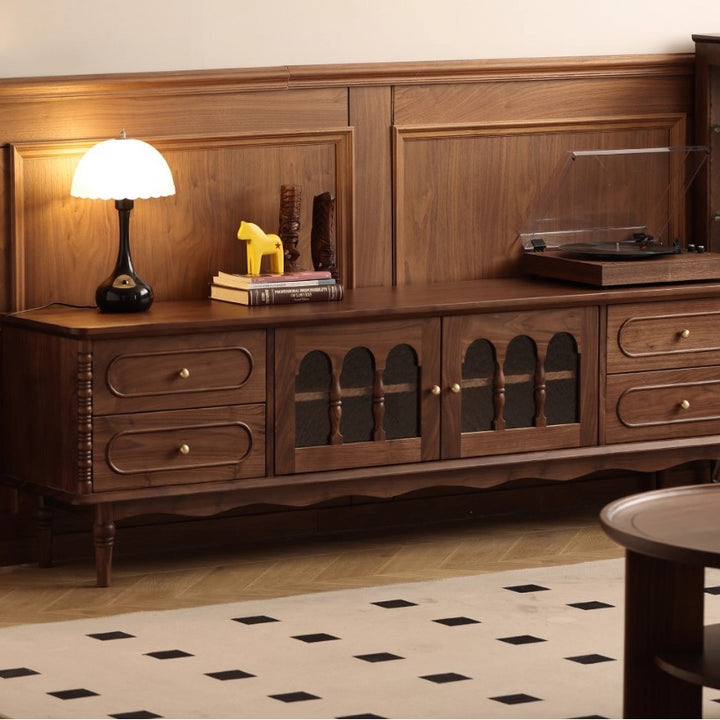 Traditional French Black Walnut Wood Curved Rectangular TV Stand With 4 Drawers For Living Room