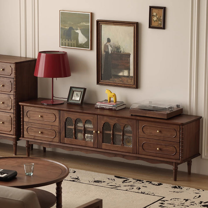 Traditional French Black Walnut Wood Curved Rectangular TV Stand With 4 Drawers For Living Room