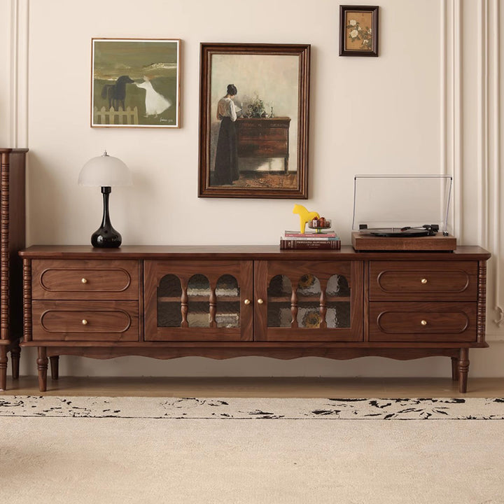 Traditional French Black Walnut Wood Curved Rectangular TV Stand With 4 Drawers For Living Room
