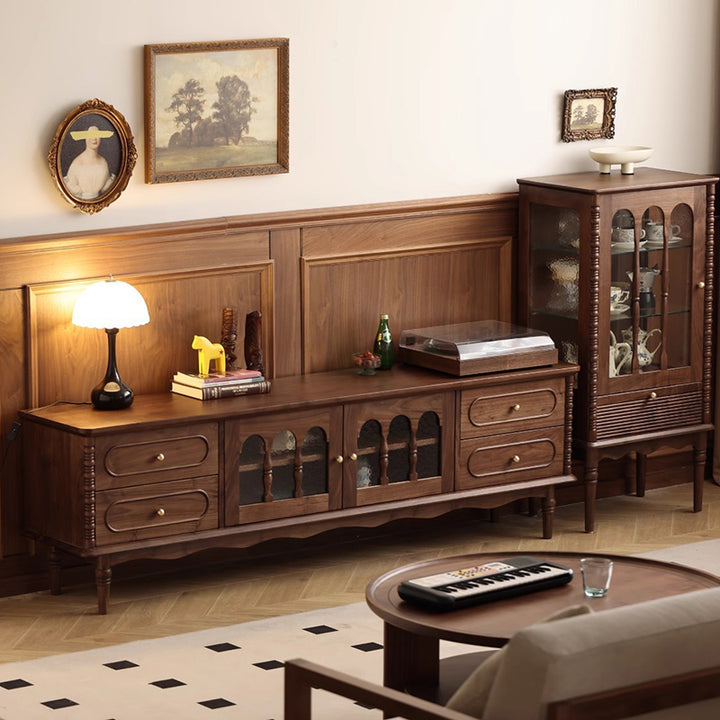 Traditional French Black Walnut Wood Curved Rectangular TV Stand With 4 Drawers For Living Room