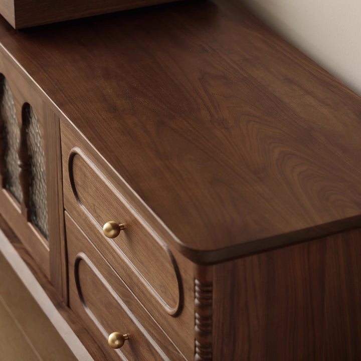 Traditional French Black Walnut Wood Curved Rectangular TV Stand With 4 Drawers For Living Room
