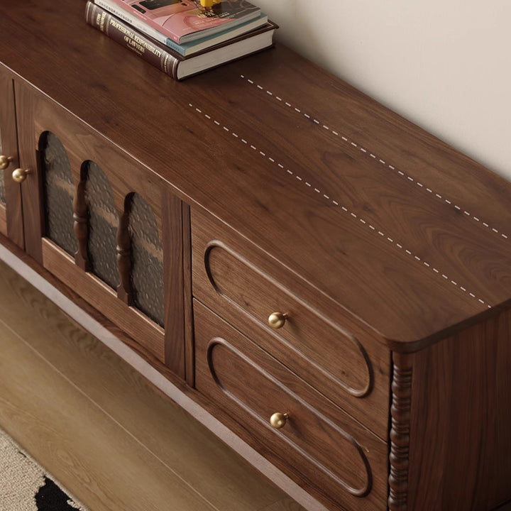 Traditional French Black Walnut Wood Curved Rectangular TV Stand With 4 Drawers For Living Room