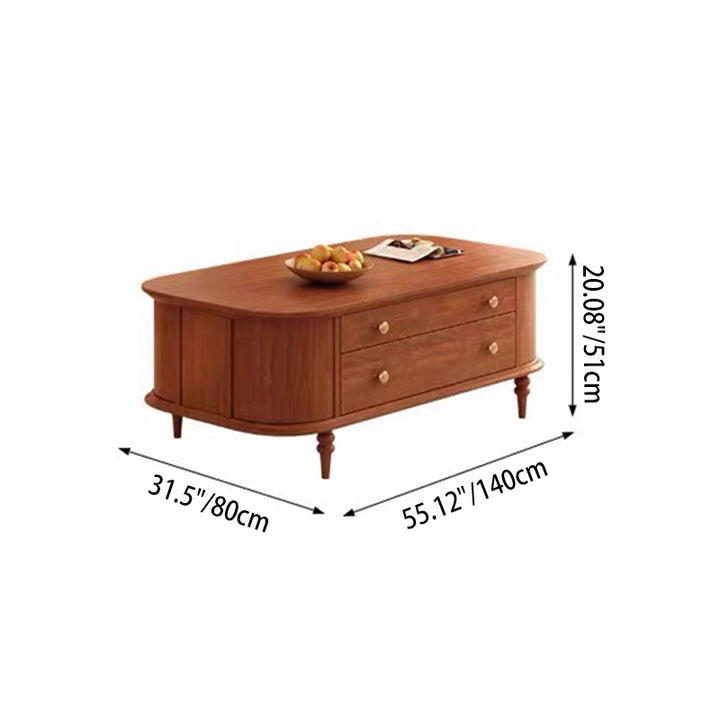Table basse ovale allongée en verre avec placage en bois de caoutchouc vintage traditionnel et 2 tiroirs pour salon 