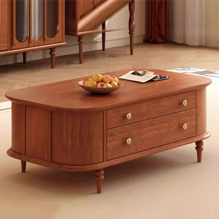 Table basse ovale allongée en verre avec placage en bois de caoutchouc vintage traditionnel et 2 tiroirs pour salon 