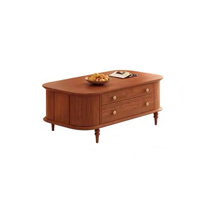 Traditional Vintage Rubberwood Ash Veneer Elongated Oval Coffee Table With 2 Drawers For Living Room