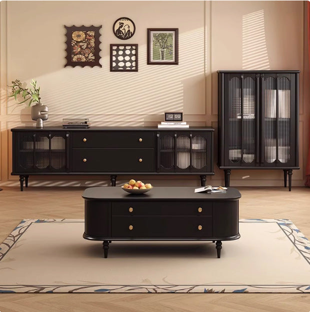 Traditional Vintage Rubberwood Ash Veneer Elongated Oval Coffee Table With 2 Drawers For Living Room