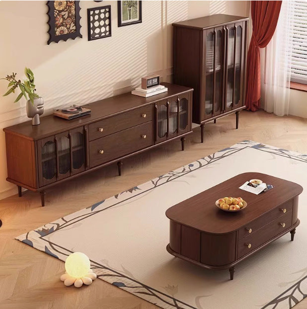 Traditional Vintage Rubberwood Ash Veneer Elongated Oval Coffee Table With 2 Drawers For Living Room