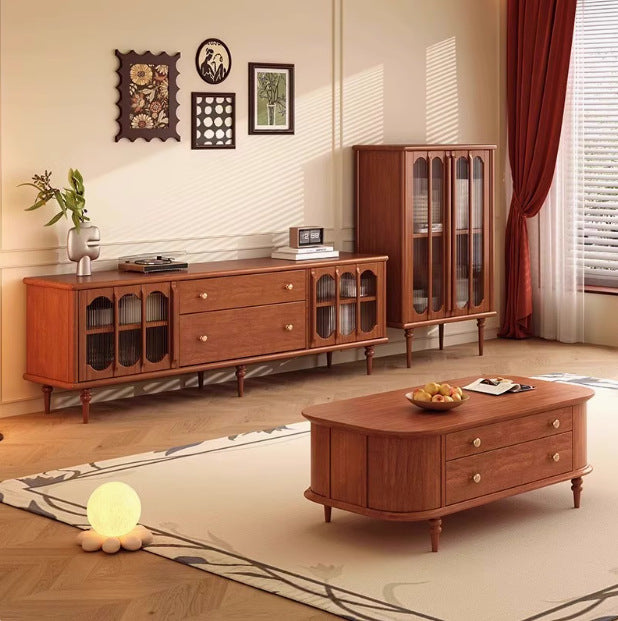 Traditional Vintage Rubberwood Ash Veneer Elongated Oval Coffee Table With 2 Drawers For Living Room