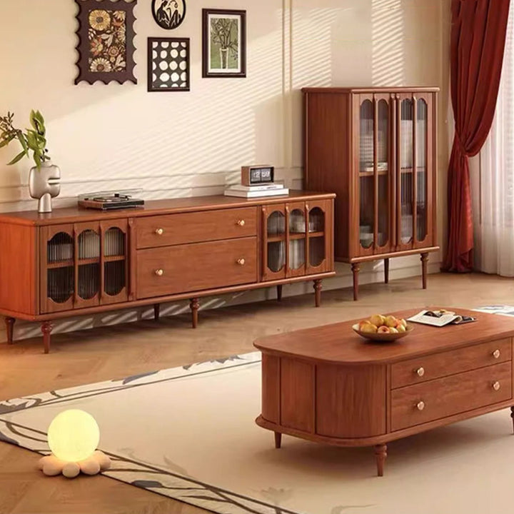 Traditional Vintage Rubberwood Ash Veneer Elongated Oval Coffee Table With 2 Drawers For Living Room