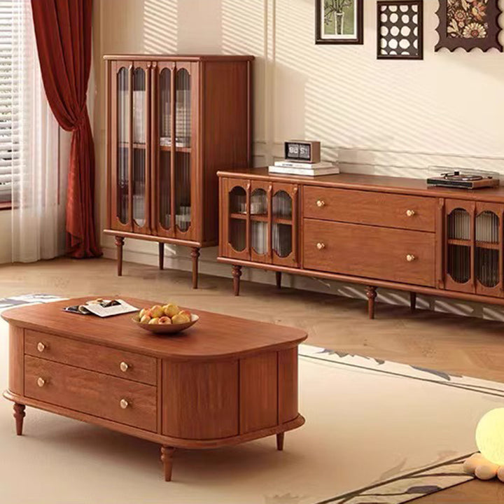 Traditional Vintage Rubberwood Ash Veneer Elongated Oval Coffee Table With 2 Drawers For Living Room