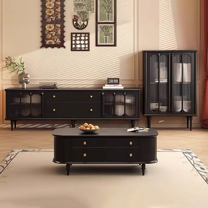 Table basse ovale allongée en verre avec placage en bois de caoutchouc vintage traditionnel et 2 tiroirs pour salon 