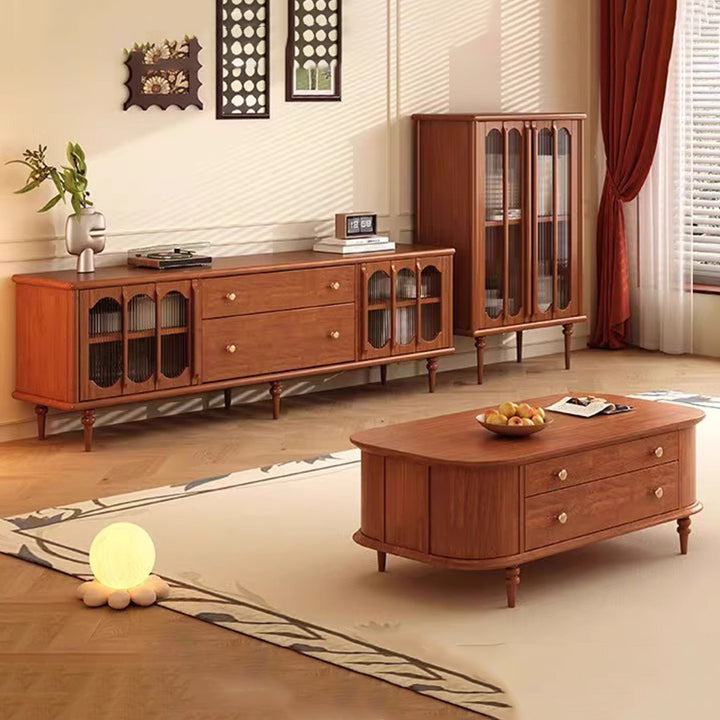 Traditional Vintage Rubberwood Ash Veneer Elongated Oval Coffee Table With 2 Drawers For Living Room