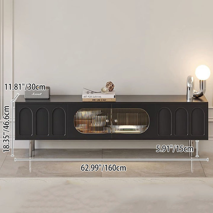 Traditionelles französisches TV-Ständer aus Holz, Edelstahl und Glas in zylindrischer rechteckiger Form mit 2 Schubladen für das Wohnzimmer 