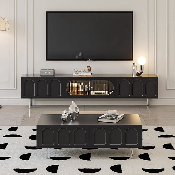 Traditionelles französisches TV-Ständer aus Holz, Edelstahl und Glas in zylindrischer rechteckiger Form mit 2 Schubladen für das Wohnzimmer 