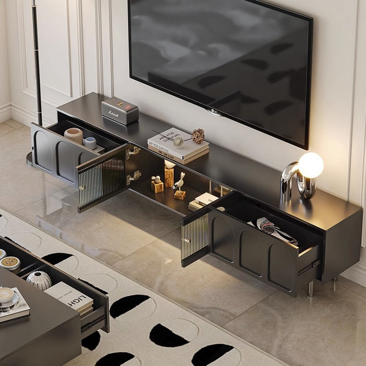 Traditionelles französisches TV-Ständer aus Holz, Edelstahl und Glas in zylindrischer rechteckiger Form mit 2 Schubladen für das Wohnzimmer 