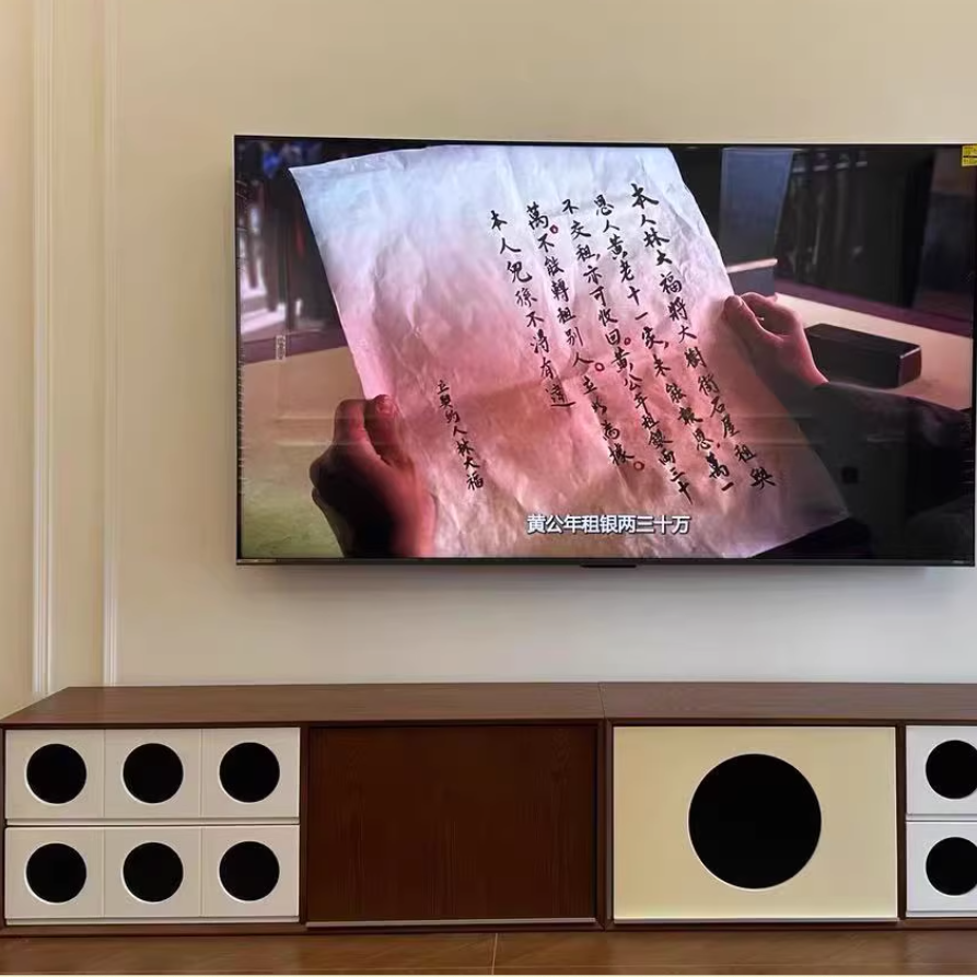 Meuble TV rectangulaire ou rond en pin français traditionnel, bois massif, panneau multicouche, avec verre et 2 tiroirs pour salon 