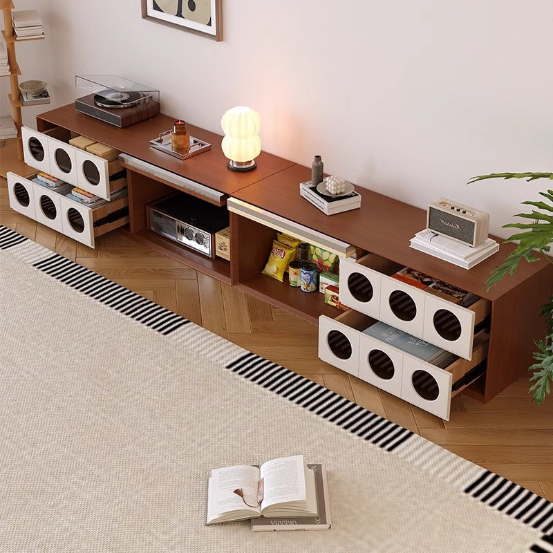Meuble TV rectangulaire ou rond en pin français traditionnel, bois massif, panneau multicouche, avec verre et 2 tiroirs pour salon 