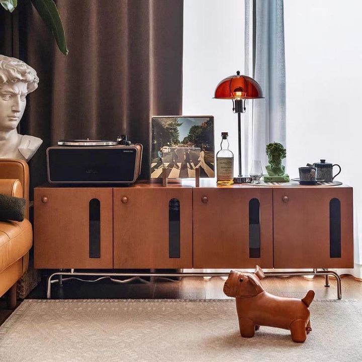 Traditioneller Vintage-TV-Ständer aus massivem Kiefernholz mit mehrschichtiger Platte, gebogenem rechteckigem Design und 4 Aufbewahrungsmöglichkeiten für das Wohnzimmer 