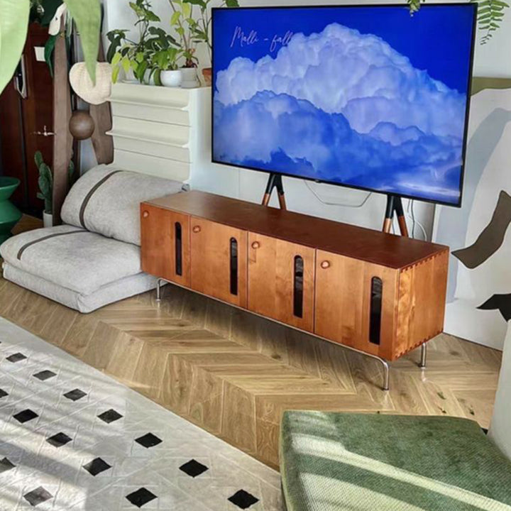 Traditioneller Vintage-TV-Ständer aus massivem Kiefernholz mit mehrschichtiger Platte, gebogenem rechteckigem Design und 4 Aufbewahrungsmöglichkeiten für das Wohnzimmer 