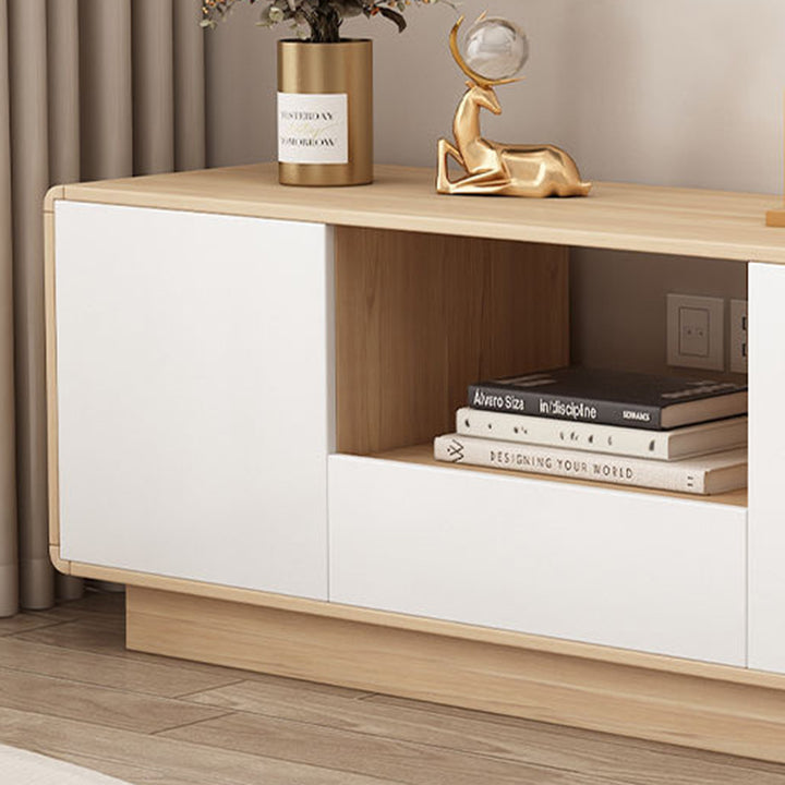 Moderner minimalistischer Eco Board TV-Ständer aus Massivholz mit mehreren Schichten, abgerundeter rechteckiger Form und 2 Aufbewahrungsmöglichkeiten für das Wohnzimmer 