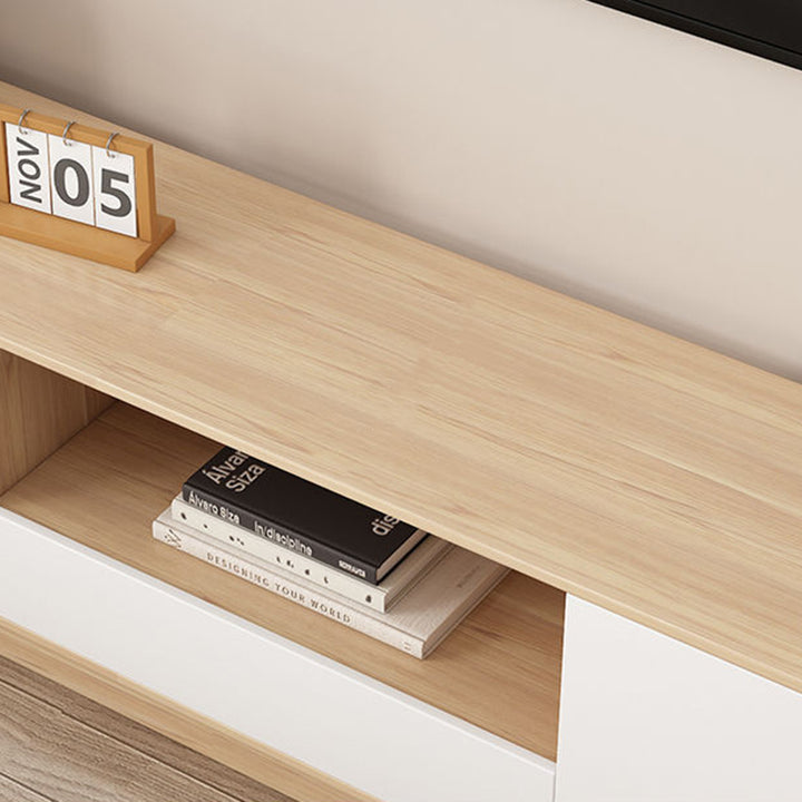 Moderner minimalistischer Eco Board TV-Ständer aus Massivholz mit mehreren Schichten, abgerundeter rechteckiger Form und 2 Aufbewahrungsmöglichkeiten für das Wohnzimmer 