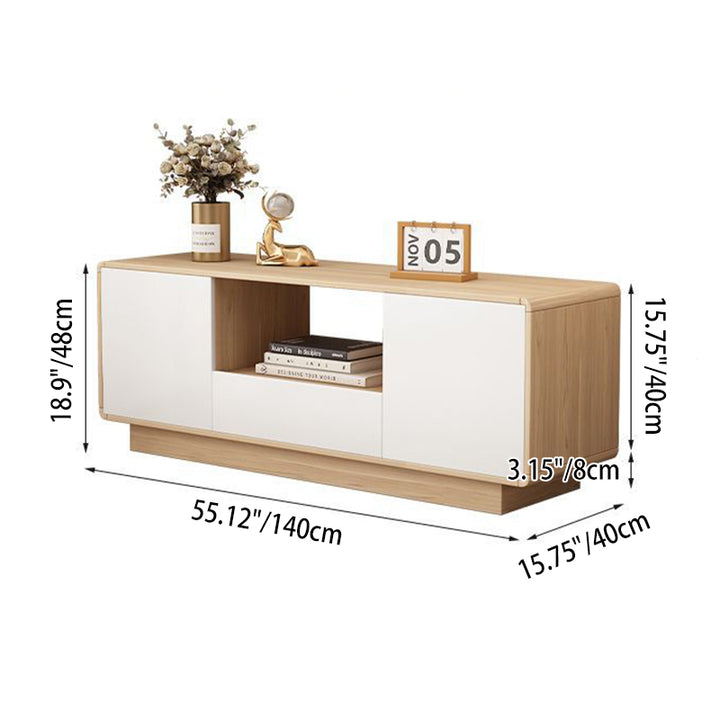 Moderner minimalistischer Eco Board TV-Ständer aus Massivholz mit mehreren Schichten, abgerundeter rechteckiger Form und 2 Aufbewahrungsmöglichkeiten für das Wohnzimmer 
