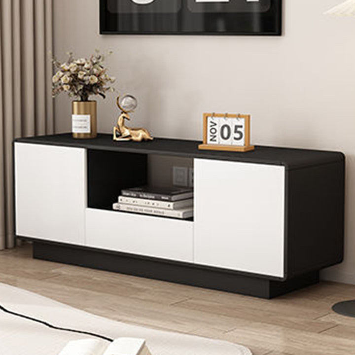Moderner minimalistischer Eco Board TV-Ständer aus Massivholz mit mehreren Schichten, abgerundeter rechteckiger Form und 2 Aufbewahrungsmöglichkeiten für das Wohnzimmer 
